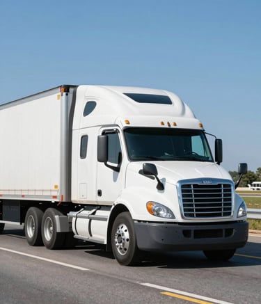 A high-quality photography shot of a clean, white semi-truck with a dry van trailer driving on a clear North American highway. Bright daylight, focusing on the movement and efficiency of logistics. Colors include navy and steel blue tones.