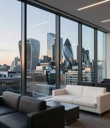 A wide-angle, professional photograph of a modern tech office in London. Through the large floor-to-ceiling glass windows, the city skyline is visible under a clear sky. The interior features sleek furniture in dark charcoal and soft off-white, with clean lines and sharp focus, reflecting a sense of global expertise.
