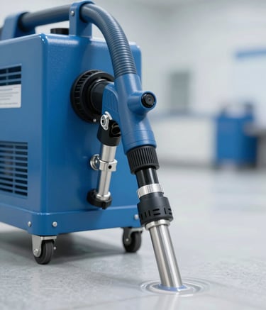 A high-tech industrial hydro-jetting machine used for professional pipe cleaning, showing high-pressure hoses and metallic components. The scene is bright and professional, highlighting modern technology. Colors include shades of #347BBF and #1A2F40.