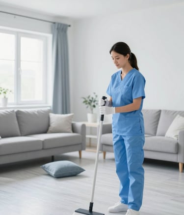 A wide, bright shot of a modern apartment living room after a professional cleaning service. The floor is sparkling, cushions are perfectly fluffed, and the air looks fresh. The color palette uses #F0F4F8 and #A8D0DB to create a serene, clean aesthetic.