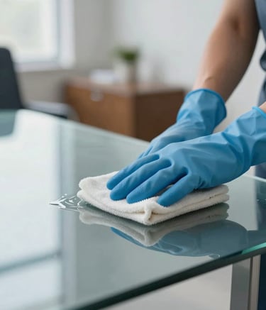 A close-up of a cleaning professional's hands in protective blue gloves carefully polishing a high-end corporate glass desk. The scene is lit with bright, natural light, emphasizing a streak-free shine. The environment is a modern office with tones of #1A202C and #3F6C7D, conveying impeccable professionalism.