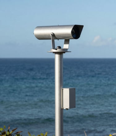 Photography of a modern silver weather monitoring station installed on a coast in New Caledonia, with the calm South Pacific ocean in the background, bright natural lighting, professional and clear.