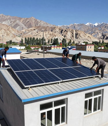 A solar rooftop installation gleaming under Ladakh's clear blue sky.