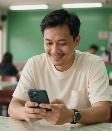 A happy Southeast Asian / Malaysian individual sitting in a bright, modern Malaysian kopitiam, looking at a smartphone with a relaxed and relieved expression, forest green and cream tones in the background, professional photography style.
