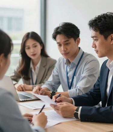 A group of professional Southeast Asian / Malaysian office workers in a collaborative setting, bright natural light, clean modern environment, focused on providing accessible financial services, photography style.