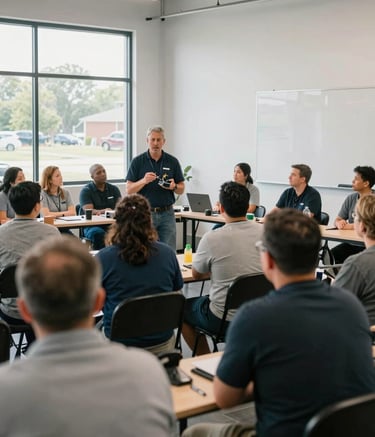 A high-quality photograph of a workforce development workshop in North Tulsa, Oklahoma. An instructor is demonstrating technical skills to an attentive group of adults in a bright, modern industrial space. The atmosphere is professional and focuses on progress and education.