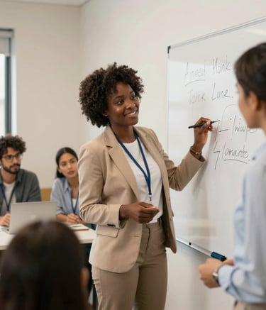 A diverse team in a bright meeting room mapping out organizational strategies on a whiteboard