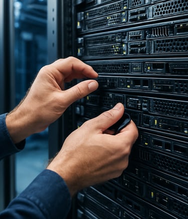 A close-up photograph of a professional technician's hands precisely configuring a server rack in a modern North American data center. The lighting is bright and clean with accents of light blue and navy, conveying a sense of high-tech reliability and expert care.