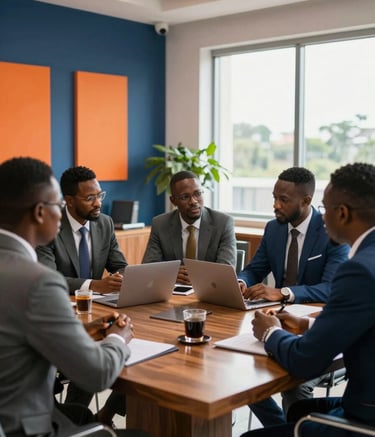 A sophisticated office interior in Lagos, Nigeria. A group of professional consultants in modern West African business attire are engaged in a strategic meeting around a polished wooden table. The room is filled with bright, natural light from large windows, with midnight blue and carrot orange accents in the professional decor.