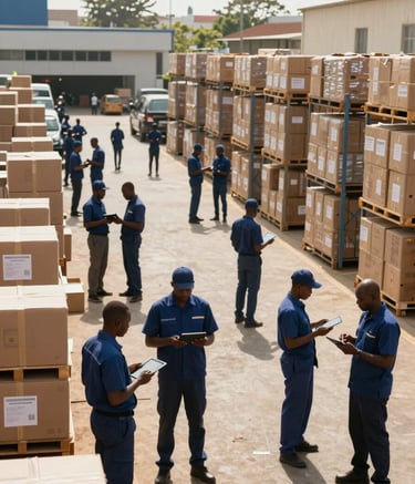 A wide-angle photography shot of a modern distribution hub in a bustling West African city. Professional staff in midnight blue uniforms are managing logistics using modern tablets. Sunlight illuminates the scene, highlighting efficiency and professional distribution standards.
