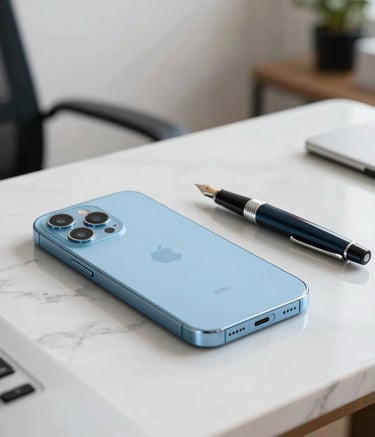 Close-up of a high-end smartphone and a designer fountain pen resting on a minimalist marble desk in a bright French office, natural light, Sky Blue and Almost White colors.