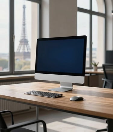 Professional minimalist office space in Paris, bright natural light through large windows, sleek wooden desk with a high-end monitor, Midnight Blue and Steel Blue accents.