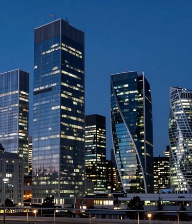 A night view of a modern European business district with sleek glass towers illuminating the skyline in Midnight Blue and Steel Blue tones, professional and calm atmosphere.