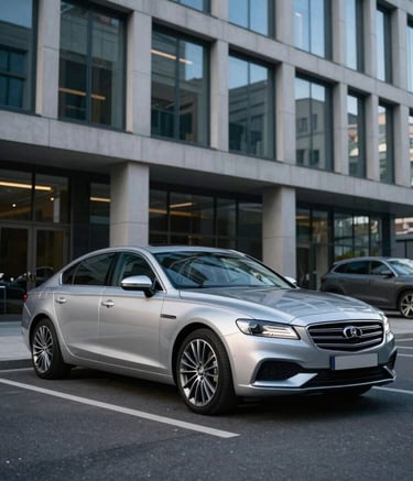 A sleek, silver executive sedan parked neatly in front of a modern European / British office building. The car is spotless, reflecting the slate blue sky, conveying a sense of professional and efficient taxi service.