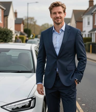 A professional European / British driver in a dark slate blue suit standing beside a clean, modern executive car with a friendly and reliable expression. The background shows a quiet suburban Wembley street under soft, bright daylight.
