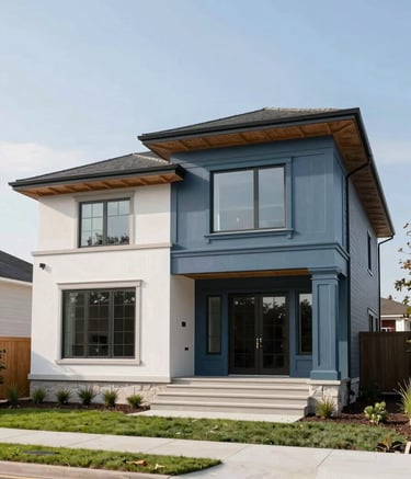 Architectural photography of a contemporary North American luxury home exterior during a final remodeling phase. The house features Muted Blue exterior accents and large windows. The setting is a clean, landscaped suburban lot under a clear, bright sky, emphasizing sophisticated design and structural integrity.