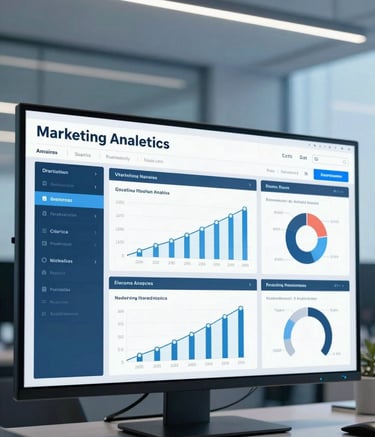 Photography of a high-end marketing analytics dashboard displayed on a screen in a modern Middle Eastern / Gulf corporate setting, professional azure blue and sky blue lighting, clean and premium composition.
