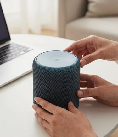 Close-up photography of a person's hands gently unboxing a new smart speaker in a clean, modern North American home office, focusing on the technical quality and sleek design.