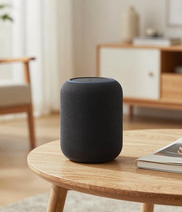 Professional photography of a charcoal smart speaker on a light wood side table in a bright, modern North American living room with soft natural light and minimalist decor.