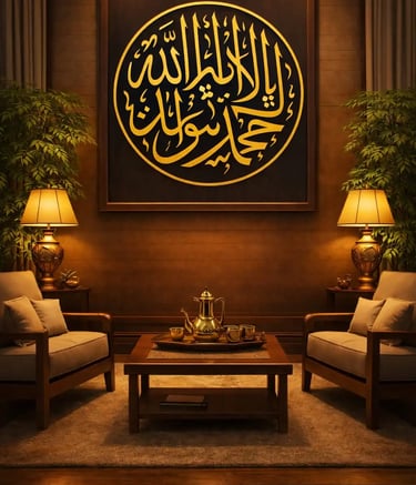 Elegant living room comfortable armchairs, table with tea set, gold Shahada wall art spiritual and oriental atmosphere