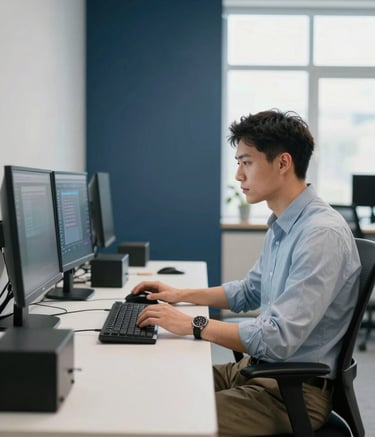 A professional developer in a modern North American / International office, sitting at a clean desk with high-tech equipment. The lighting is bright and airy, with accents of Soft Mist and Deep Charcoal Blue in the room decor. Realistic photography.