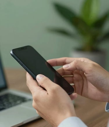 A close-up of hands interacting with a mobile device in a modern North American / International business environment. The background is softly blurred, showing a sophisticated office setting with hints of Sage Green and Forest Green. High-performance feel, photography style.