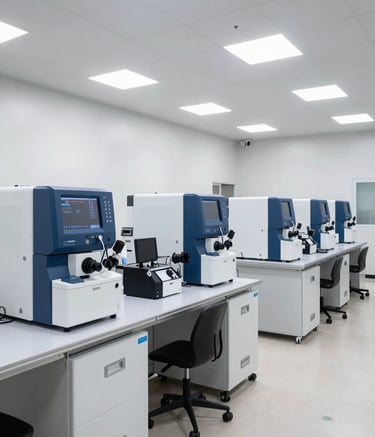 A wide-angle, high-end photograph of a modern genomic sequencing facility in the United States. The room is filled with high-tech machinery on clean white surfaces under bright, professional, neutral lighting with deep blue accents on the equipment.
