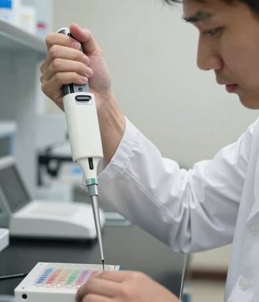 A close-up photograph of a scientist in a professional North American laboratory setting, wearing a lab coat and using a multi-channel pipette over a microplate. The background is a clean, off-white wall with soft, focused lighting. The scene captures the precision of genomic research.