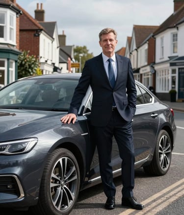 A professional driver in smart attire standing beside a polished, dark navy silver-trimmed car on a street in a British / UK town near Dartford. The scene is bright and clear, conveying reliability and modern professionalism.