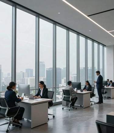 A sleek, modern corporate office building in Gurugram with floor-to-ceiling windows showing a hazy city skyline. South Asian / Indian professionals collaborating in a refined, minimalist workspace. High-end real estate environment with Silver Blue tones.