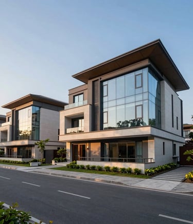 Wide shot of a luxury residential villa complex in a high-end Gurugram sector. Contemporary South Asian / Indian architecture with glass facades and manicured landscaping. Captured during the golden hour with Steel Blue sky and Pale Blue reflections.