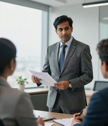 A professional South Asian / Indian consultant in formal business attire presenting a premium property layout to clients in a bright, modern office in Gurugram. Soft morning light, Steel Blue and Silver Blue tones in the background, sharp focus, professional photography style.
