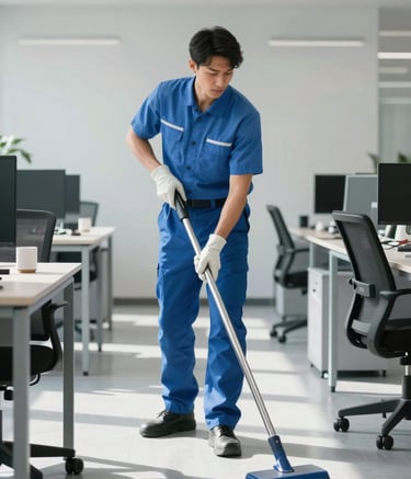 A professional cleaner in a neat uniform working in a modern, sunlit British office environment. The scene is dominated by pristine light gray and medium blue tones, showing specialized equipment and a spotless floor.