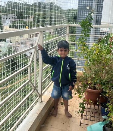 Close-up of tightly woven safety netting on a residential balcony railing.
