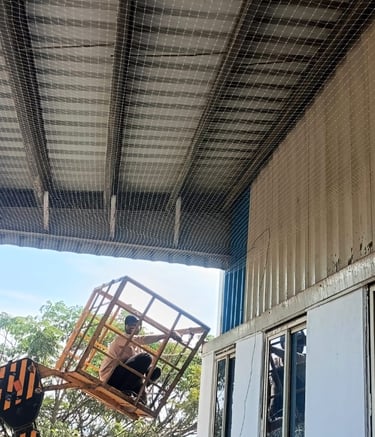 Image capturing the protective safety nets casting shadows over stacked warehouse goods.