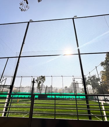 Wide shot showing a high-rise balcony fully covered with a pigeon net.