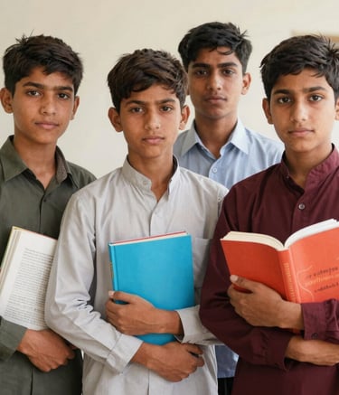 A group of smiling Pakistani school children holding new textbooks and notebooks in a bright classroom.