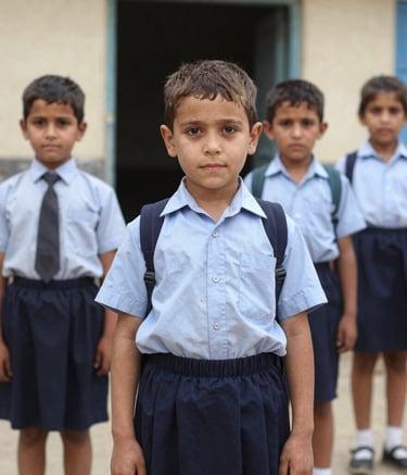 A young girl proudly wearing her new school uniform and holding a stationery kit.