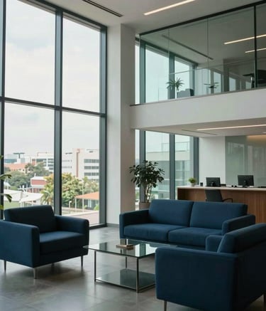 A sophisticated, modern office lobby in Gaborone with floor-to-ceiling glass windows and minimalist furniture in deep blue and mint tones. A professional atmosphere reflecting trust and vision.