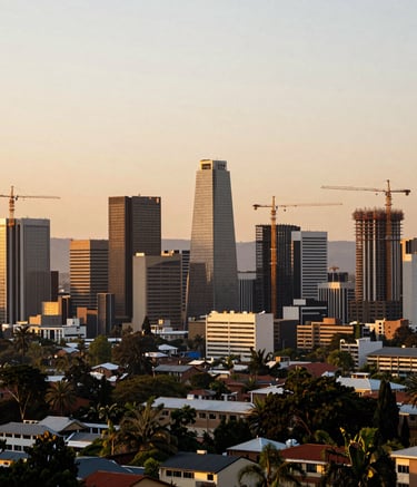 A wide-angle landscape photograph of Gaborone, Botswana skyline during the golden hour, showing modern urban development and construction cranes, symbolizing growth and future potential.