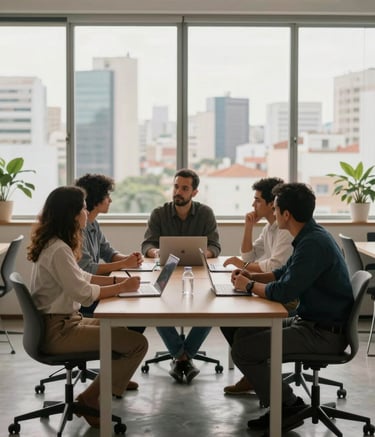 A collaborative workspace in Brazil where professionals are engaged in a strategic meeting, minimalist office furniture, large windows showing a blurry urban skyline, soft and natural morning light.