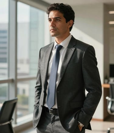 A medium shot of a professional South American / Brazilian businessman in a modern, sunlit corporate environment in Sao Paulo, looking confident and approachable, soft shadows, sharp focus, professional business attire.