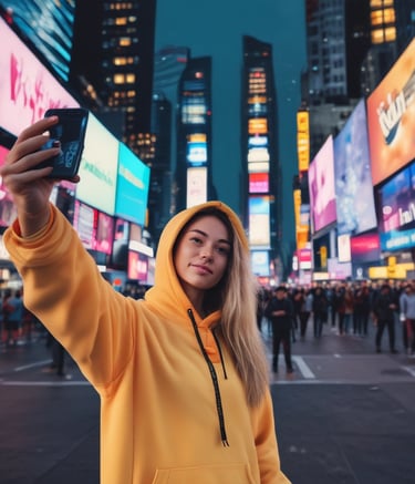 Influencer shot of a model rocking vibrant orange sneakers with glowing neon accents.