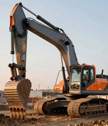 A powerful, close-up shot of a modern excavator's hydraulic arm working on a North American development site, vivid orange accents against a steel gray machine, golden hour lighting, clean and professional photography.