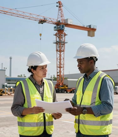 A medium shot of two professionals in safety vests and hard hats discussing a project next to a large crane on a clean North American industrial site, bright sunny day, professional and efficient atmosphere.