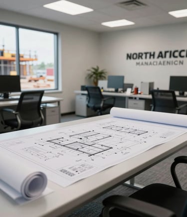 A wide-angle shot of a professional North American construction site management office, featuring a clean layout and blueprints on a table, soft daylight, professional and clean aesthetic.