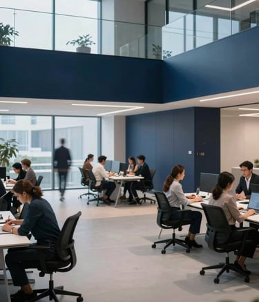 A high-angle photograph of a modern, minimalist collaborative workspace in a tech hub. Professionals are seen in soft-focus background, dressed in business-casual attire appropriate for a high-end European tech office. The lighting is sophisticated with soft sky blue and deep navy accents, highlighting clean lines and glass surfaces.