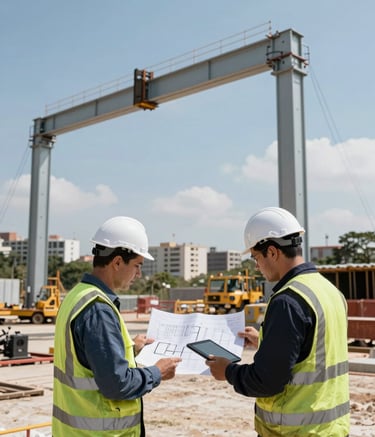 Wide shot of a South American construction site where a large metallic structure is being erected. Professional engineers in safety gear are reviewing architectural plans on a tablet. The background shows a clear sky and urban development. Colors include light blue, grey, and dark navy.