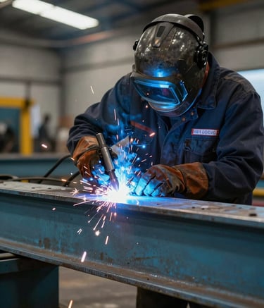 A close-up photograph of a skilled South American welder working on a large-scale metallic beam structure. Intense blue sparks are flying, highlighting the precision and industrial strength. The setting is a modern construction workshop. The palette features dark navy and muted teal tones.