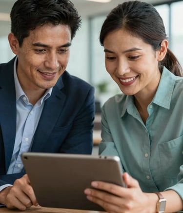 A close-up of a mentoring session between two professionals in a modern South American office setting. They are looking at a tablet together, smiling with confidence and hope. The lighting is bright and warm, using a palette of dark blue and light teal.